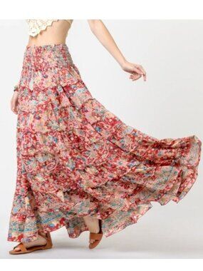 RHEA Berry Red Boho Paisley Tiered Maxi Skirt NWT